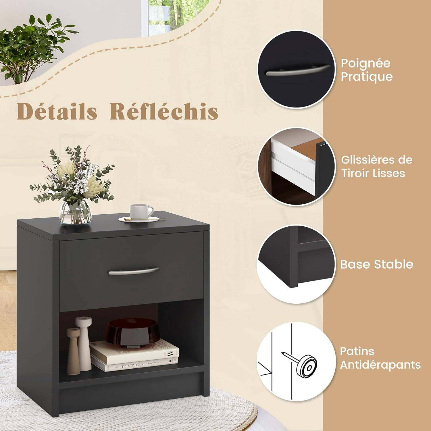 Table de Nuit avec Tiroir, Table de Chevet avec Étagère Ouverte, Chevet de Lit pour Petit Espace, Table d'Appoint Moderne (Gris,1 tiroir) - Image 6