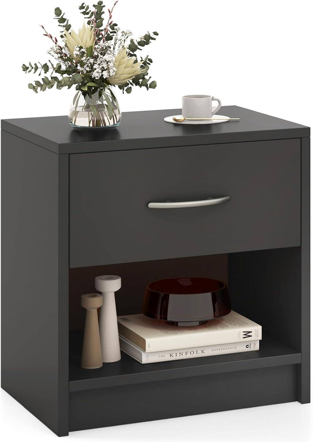 Table de Nuit avec Tiroir, Table de Chevet avec Étagère Ouverte, Chevet de Lit pour Petit Espace, Table d'Appoint Moderne (Gris,1 tiroir) - Image 1