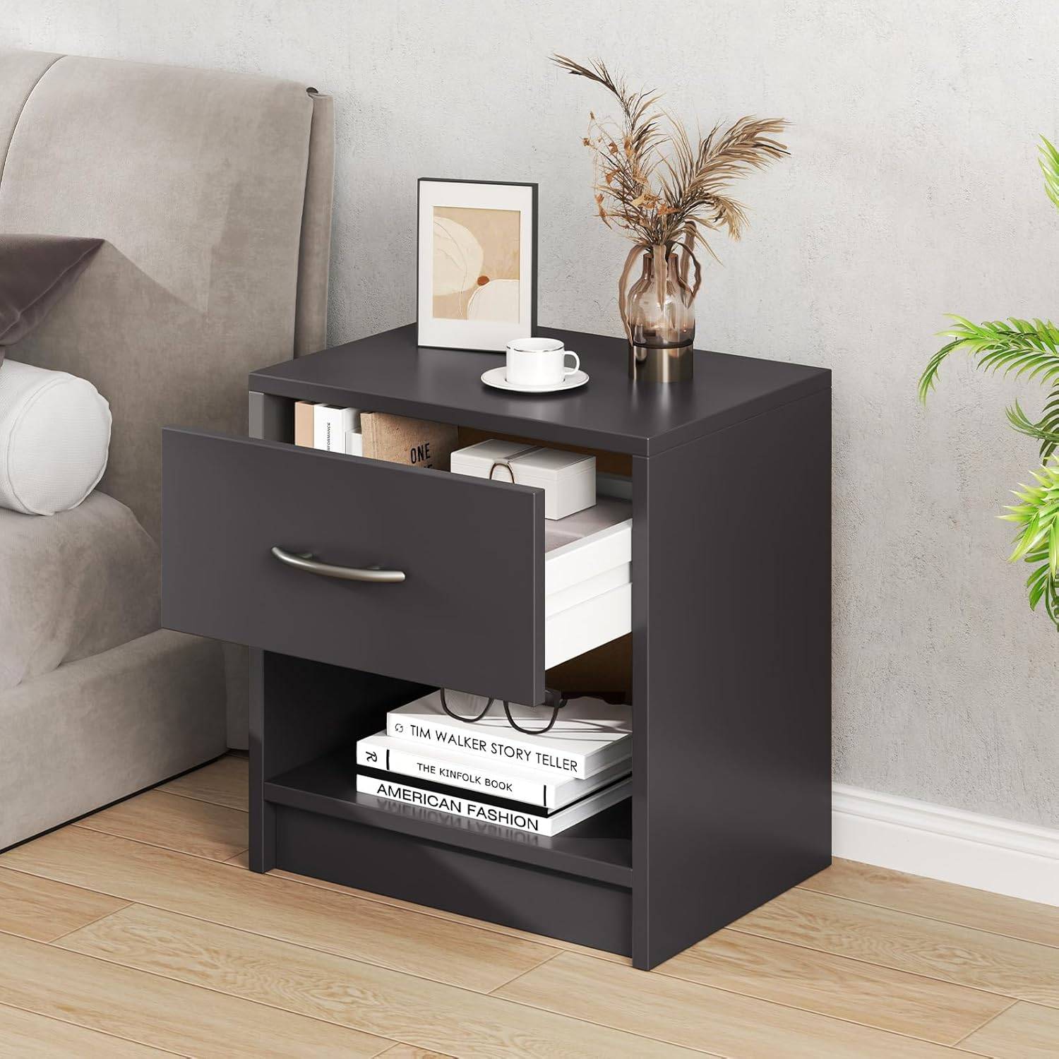 Table de Nuit avec Tiroir, Table de Chevet avec Étagère Ouverte, Chevet de Lit pour Petit Espace, Table d'Appoint Moderne (Gris,1 tiroir) - Image 8
