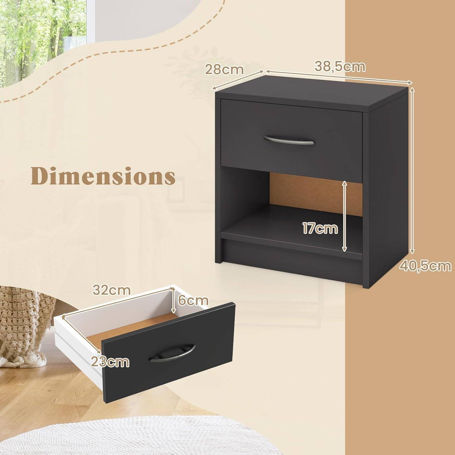 Table de Nuit avec Tiroir, Table de Chevet avec Étagère Ouverte, Chevet de Lit pour Petit Espace, Table d'Appoint Moderne (Gris,1 tiroir) - Image 3