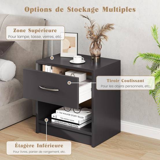 Table de Nuit avec Tiroir, Table de Chevet avec Étagère Ouverte, Chevet de Lit pour Petit Espace, Table d'Appoint Moderne (Gris,1 tiroir) - Image 5