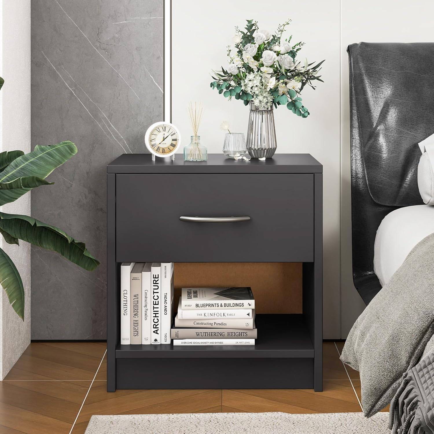 Table de Nuit avec Tiroir, Table de Chevet avec Étagère Ouverte, Chevet de Lit pour Petit Espace, Table d'Appoint Moderne (Gris,1 tiroir) - Image 2