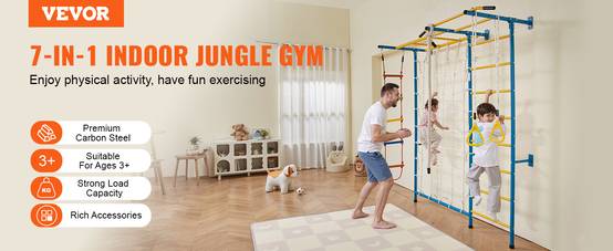 VEVOR Jungle gym intérieur 7-en-1, échelle suédoise acier. Barre traction, corde, anneaux. Charge 220 lb. - Image 9