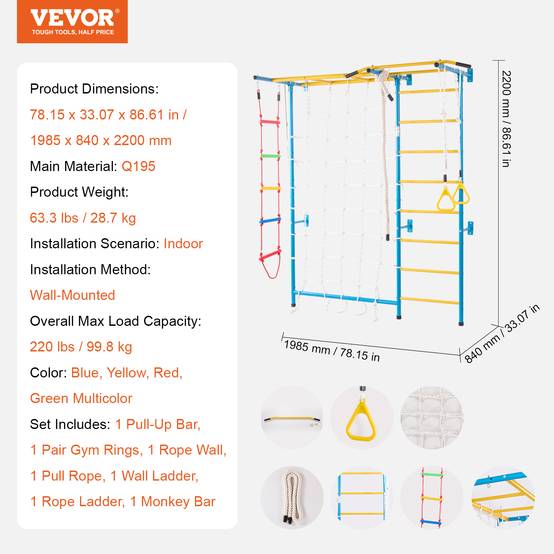 VEVOR Jungle gym intérieur 7-en-1, échelle suédoise acier. Barre traction, corde, anneaux. Charge 220 lb. - Image 7