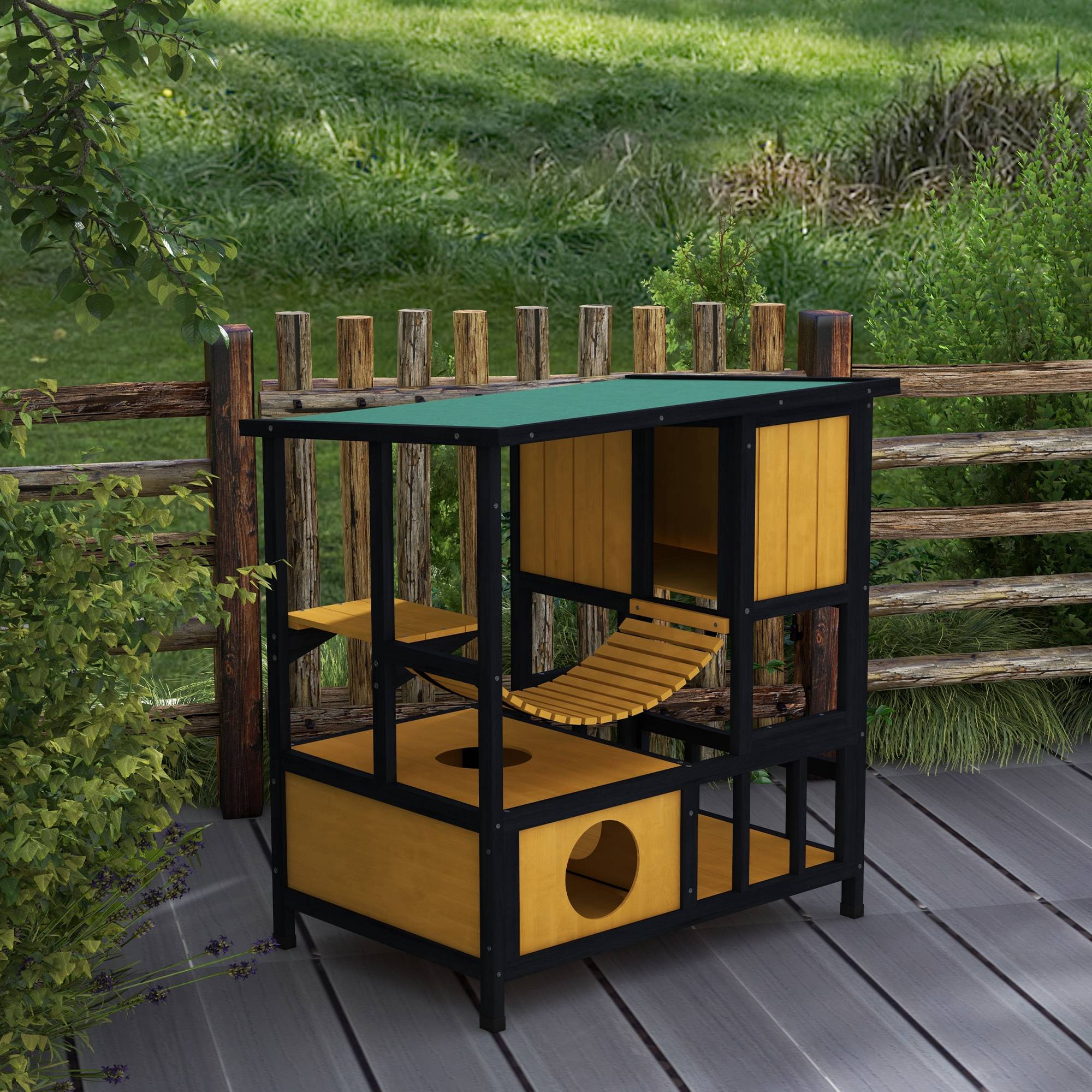 ComfortXL - Niche extérieure pour chats bois 84,5 x 60 x 88 cm vert naturel abri 2 chats avec plateforme et pont - Image 9
