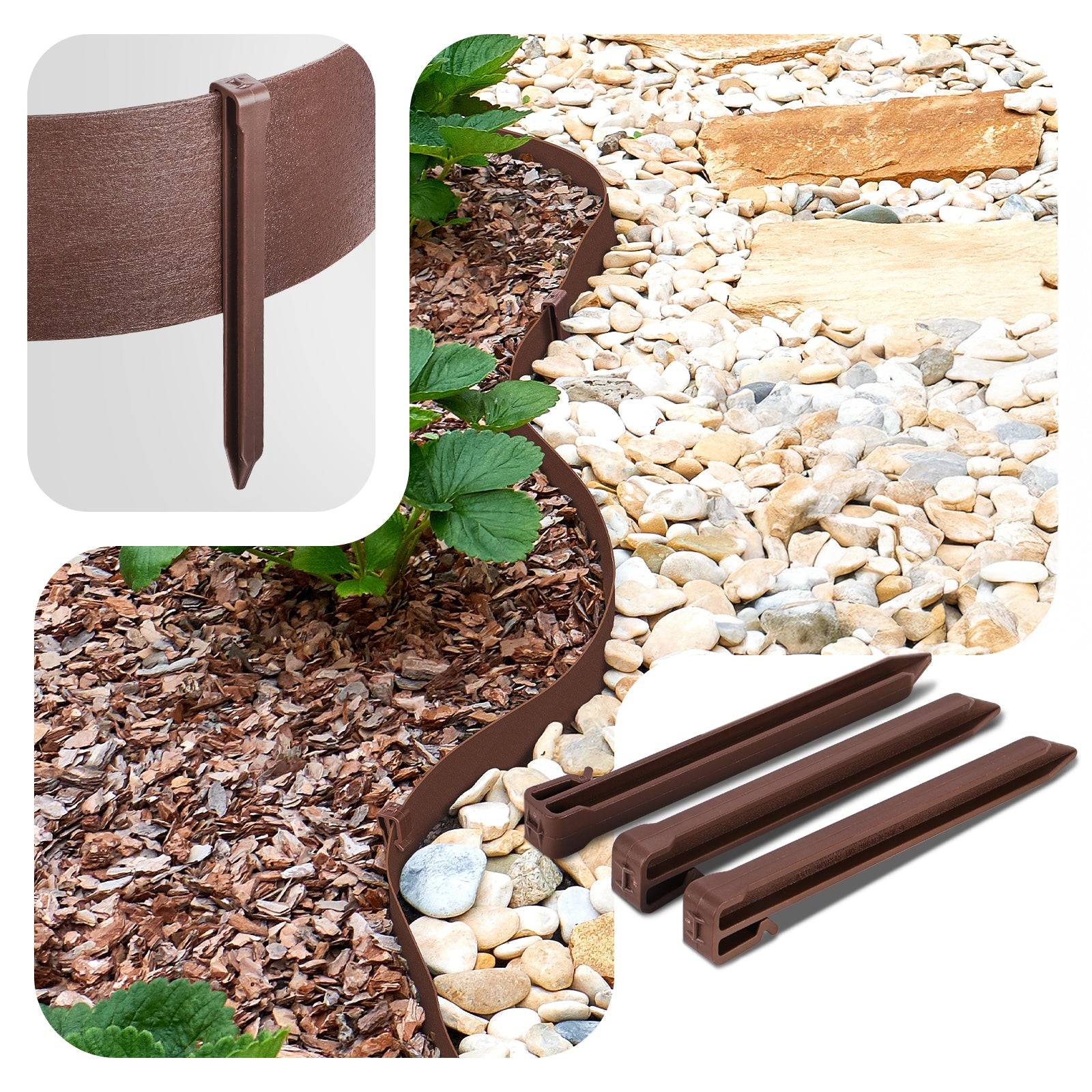 Vounot - Bordure de jardin haute flexible en PE 20m avec 12 piquets marron - hauteur 8cm - epaisseur 3mm - Image 5