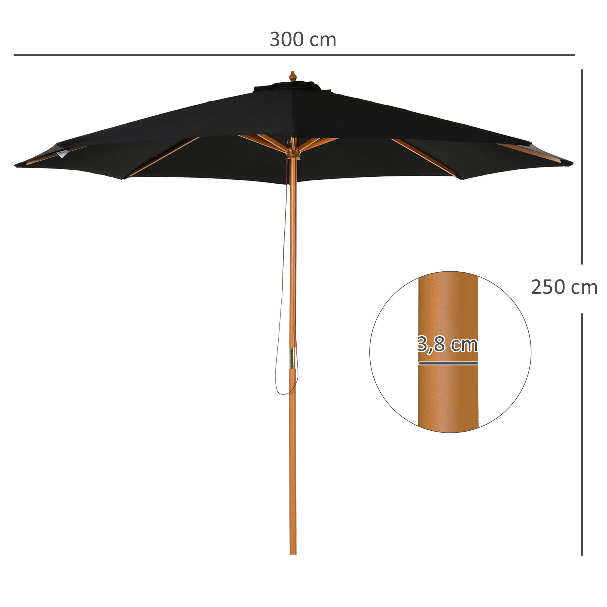 Parasol terrasse exterieur Ø300 cm, systeme poulie, toit ventile, mat bois demontable, noir - Image 5