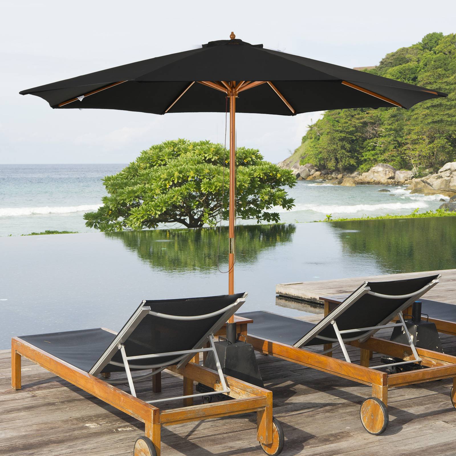 Parasol terrasse exterieur Ø300 cm, systeme poulie, toit ventile, mat bois demontable, noir - Image 9