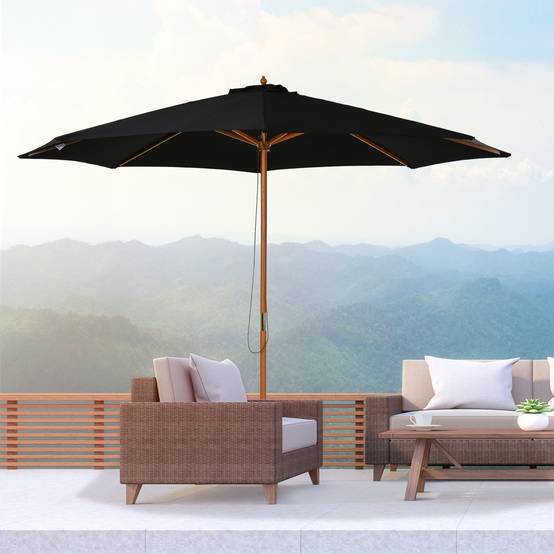 Parasol terrasse exterieur Ø300 cm, systeme poulie, toit ventile, mat bois demontable, noir - Image 3