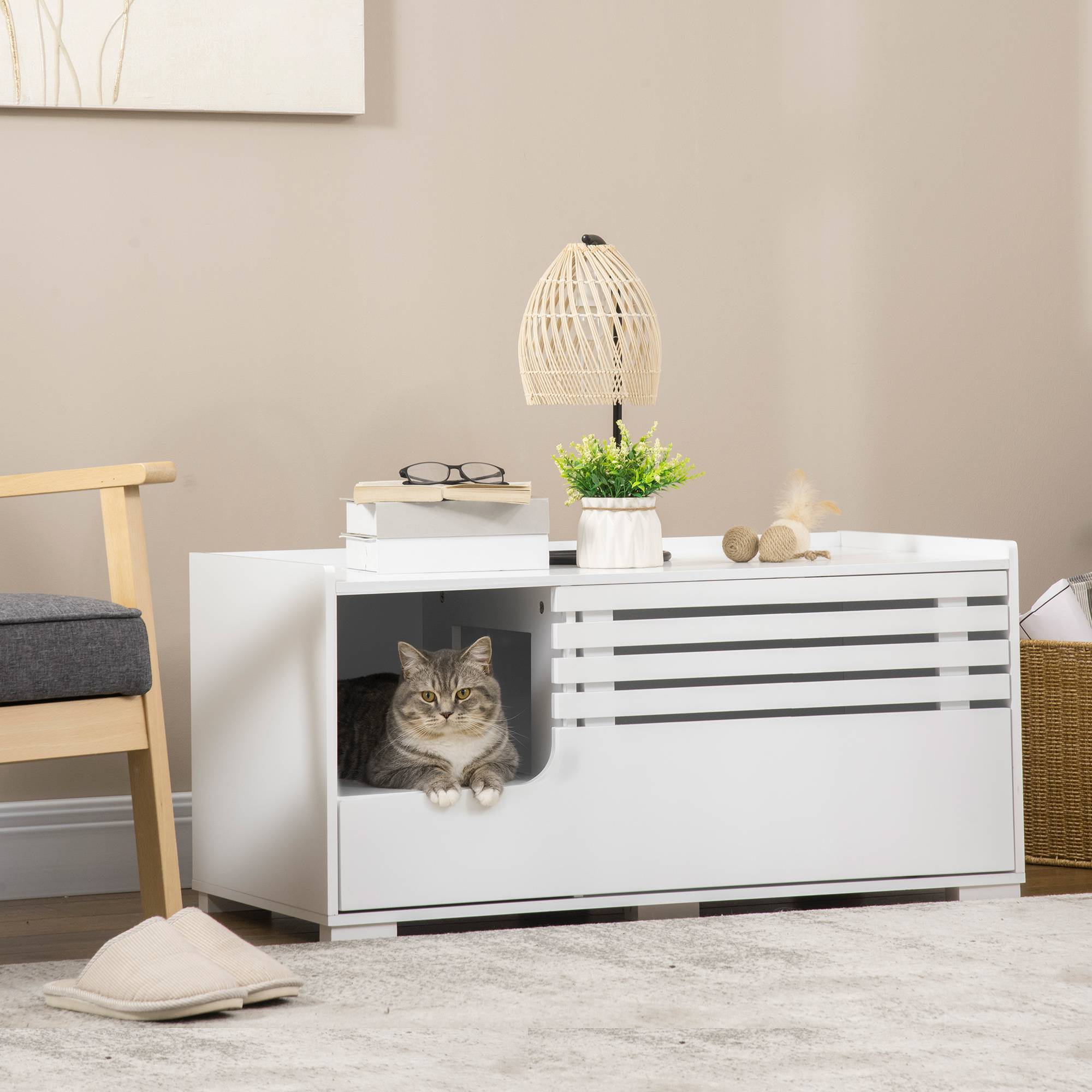 Sans Marque - Meuble pour chat à 2 étagères, design 2 en 1, porte magnétique, blanc - Image 4