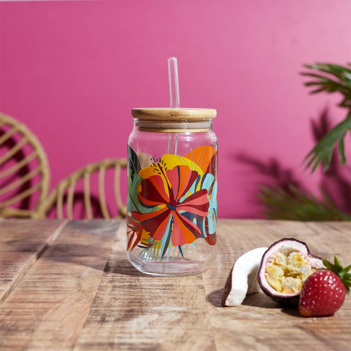 The Home Deco Factory - Verre Canette Avec Paille "Paradis Exotique" 45cl Multicolore - Image 3
