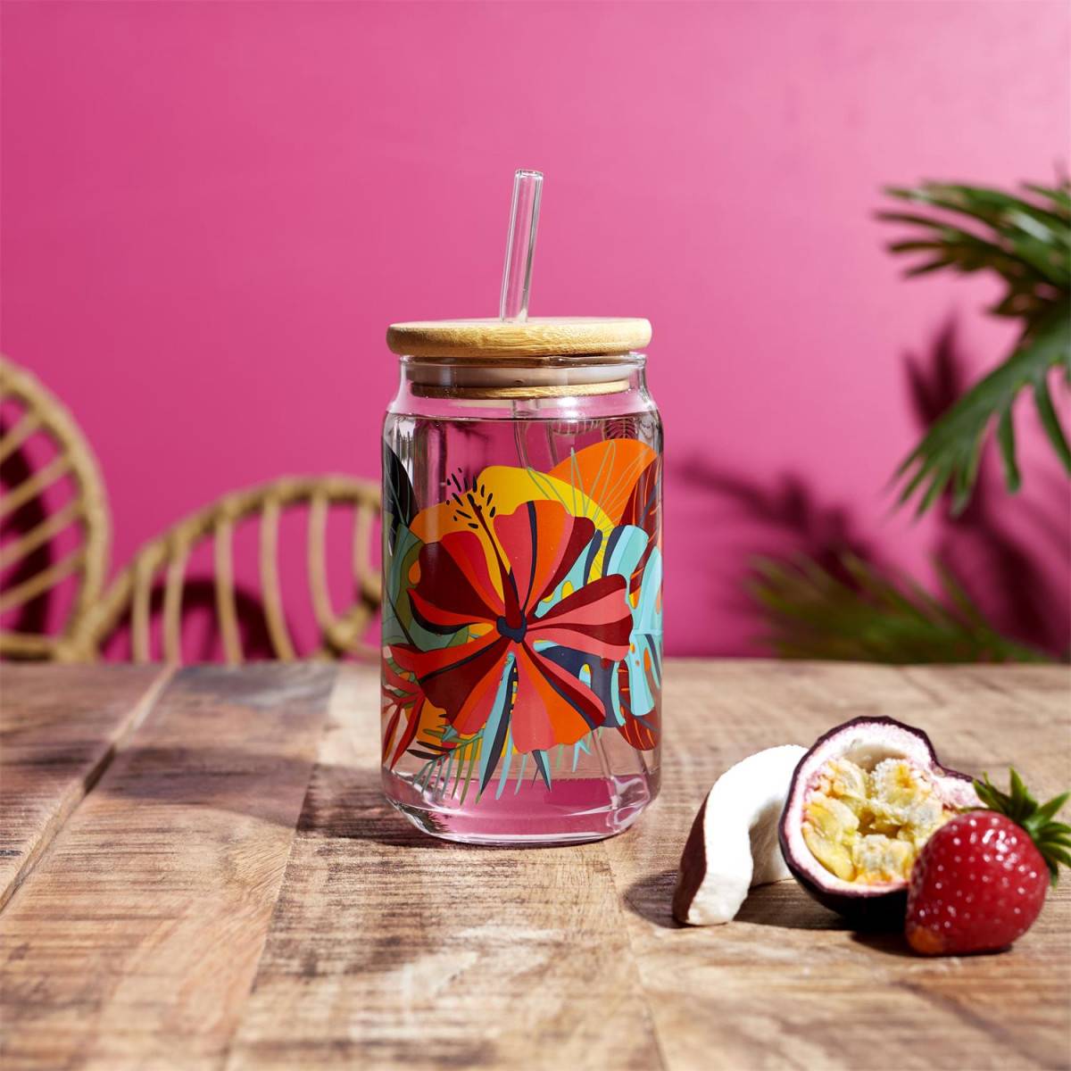 The Home Deco Factory - Verre Canette Avec Paille "Paradis Exotique" 45cl Multicolore - Image 2