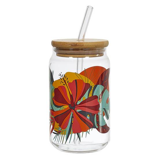 The Home Deco Factory - Verre Canette Avec Paille "Paradis Exotique" 45cl Multicolore - Image 1