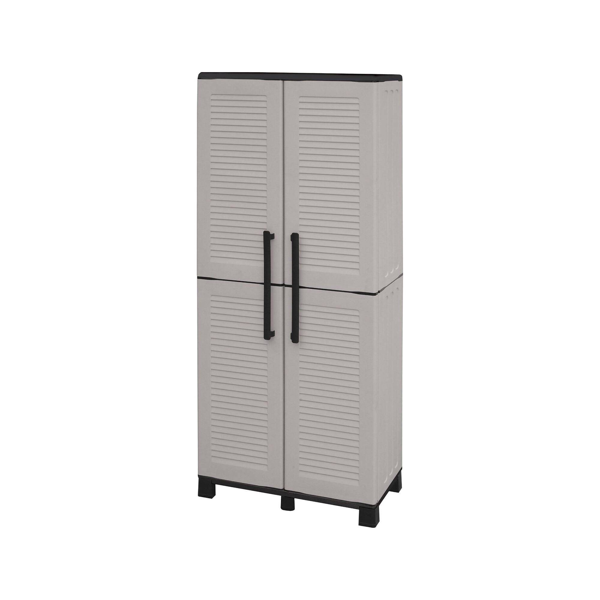 Dmora - Armoire d'extérieur Dbettell, Armoire à balais, Armoire d'extérieur 2 portes, 68x37h169 cm, Gris clair et noir, Finition rayée - Dmora - Imagen 1