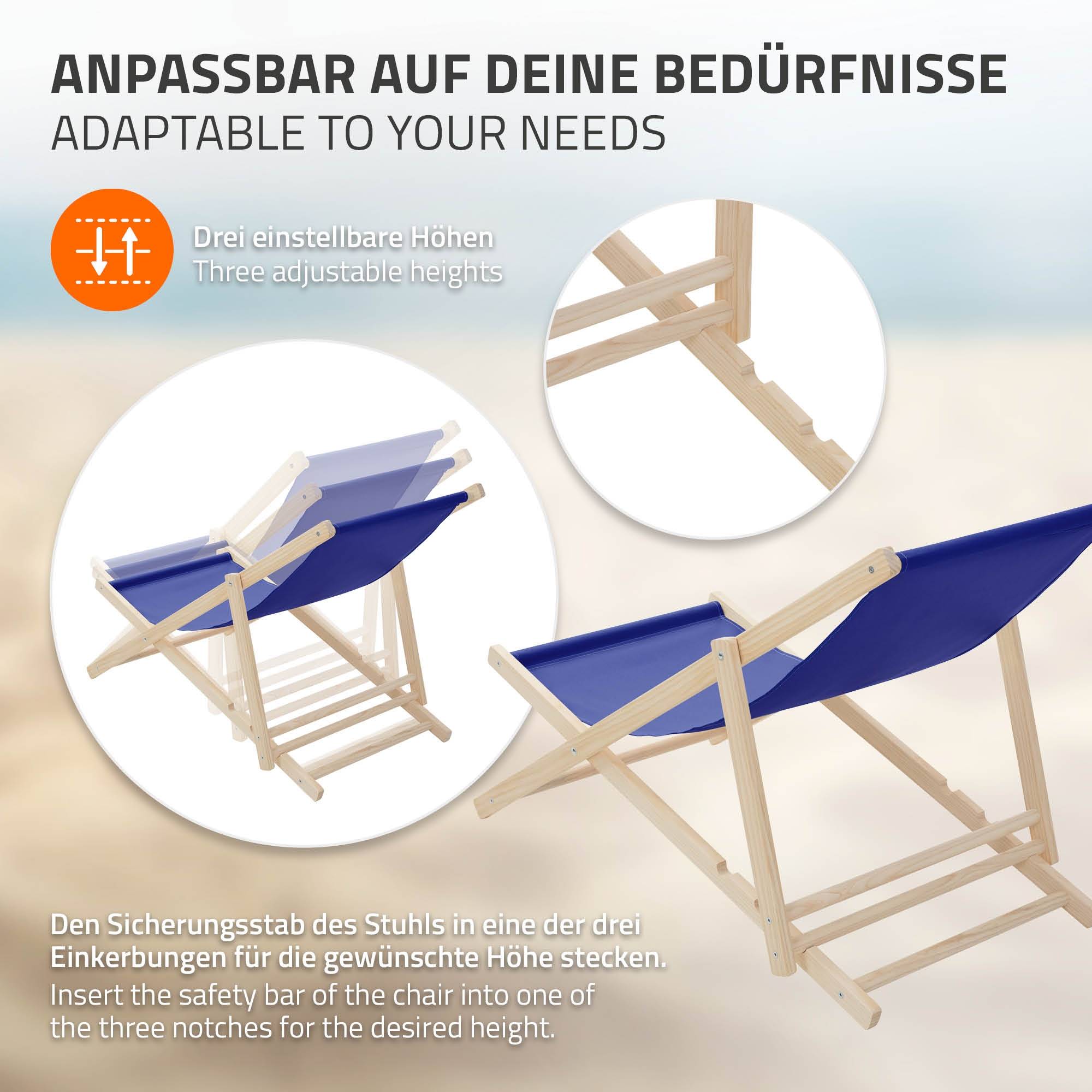 Ecd-Germany - Chaise longue de jardin pliable bleue en bois chilienne 3 positions de couchage  jusqu'à 120 kg usage intérieur et extérieur balcon terrasse patio - Imagen 5