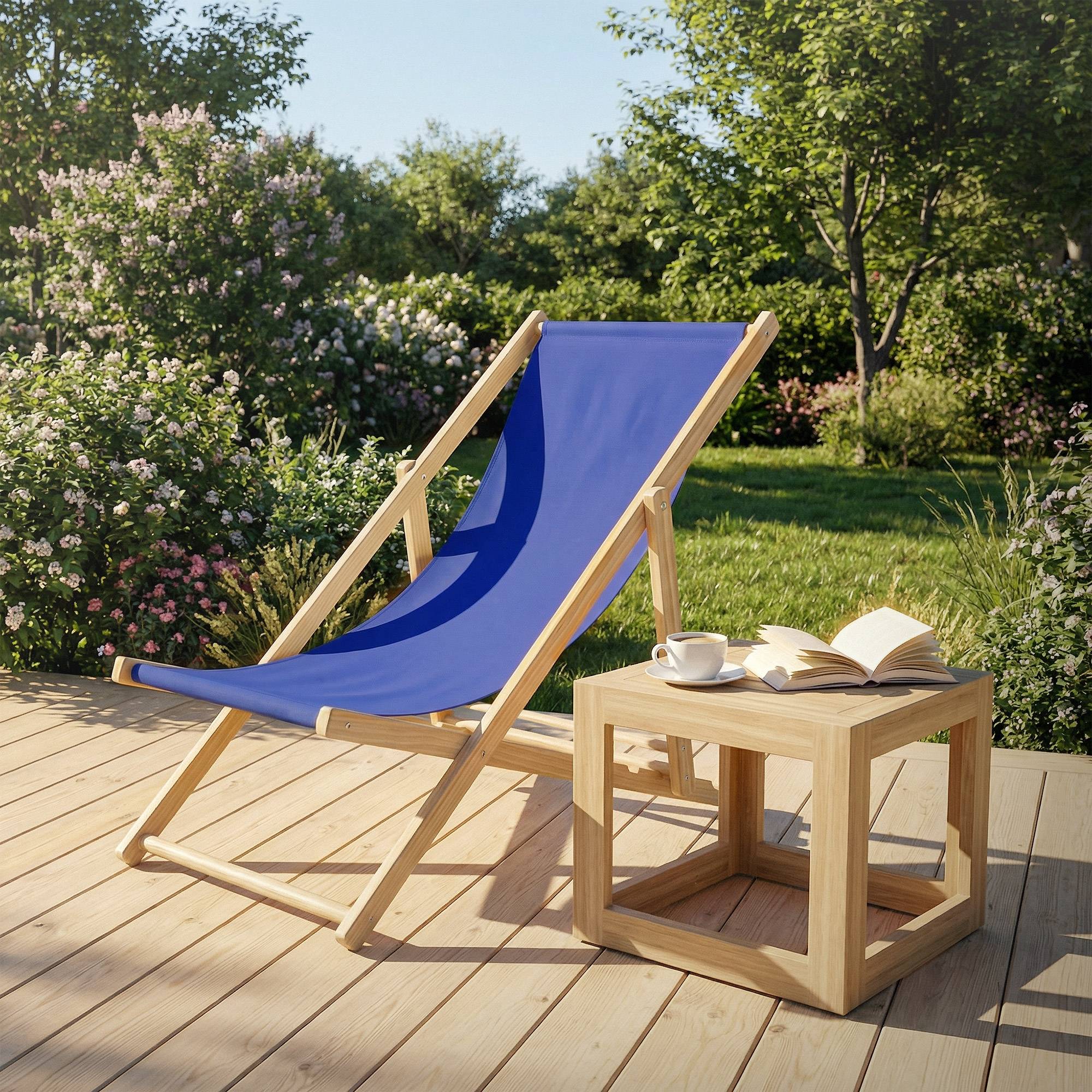 Ecd-Germany - Chaise longue de jardin pliable bleue en bois chilienne 3 positions de couchage  jusqu'à 120 kg usage intérieur et extérieur balcon terrasse patio - Imagen 10