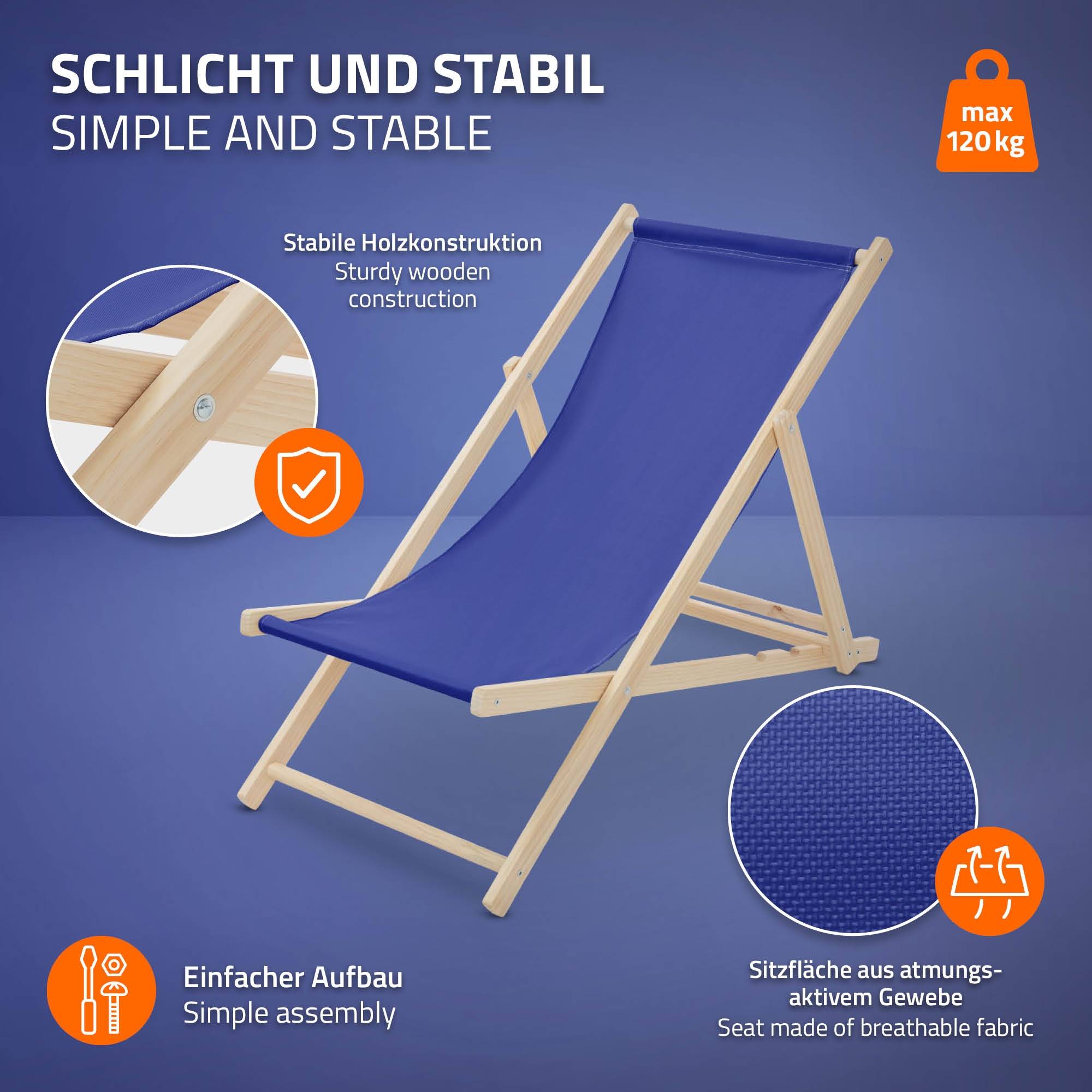Ecd-Germany - Chaise longue de jardin pliable bleue en bois chilienne 3 positions de couchage  jusqu'à 120 kg usage intérieur et extérieur balcon terrasse patio - Imagen 4