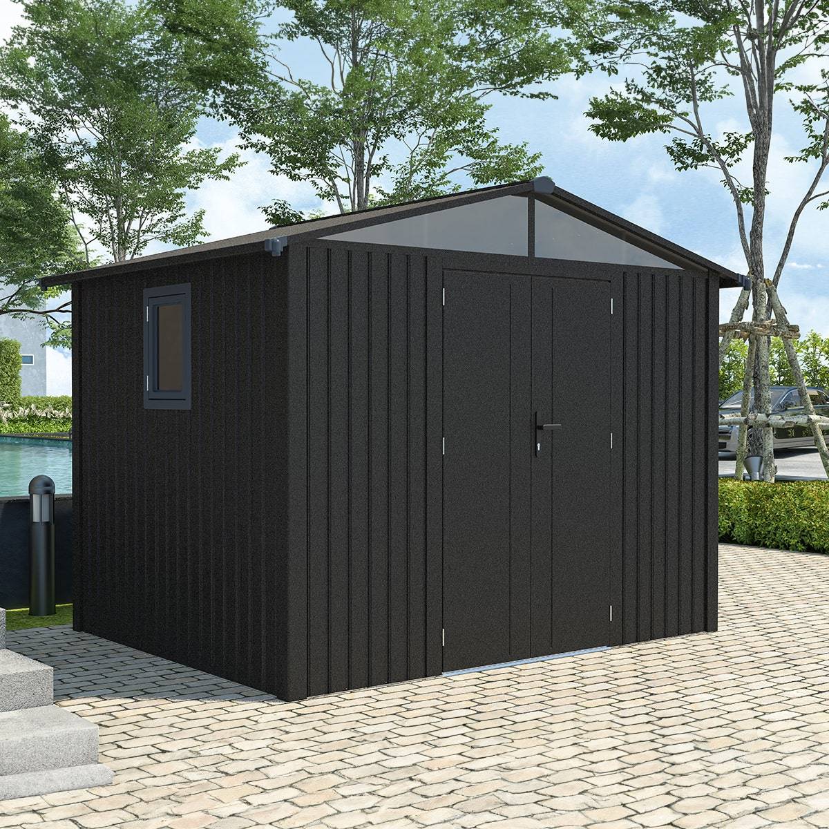 Trigano Jardin - Abri de jardin métal gris anthracite 5.71 m² + kit d'ancrage - Image 1