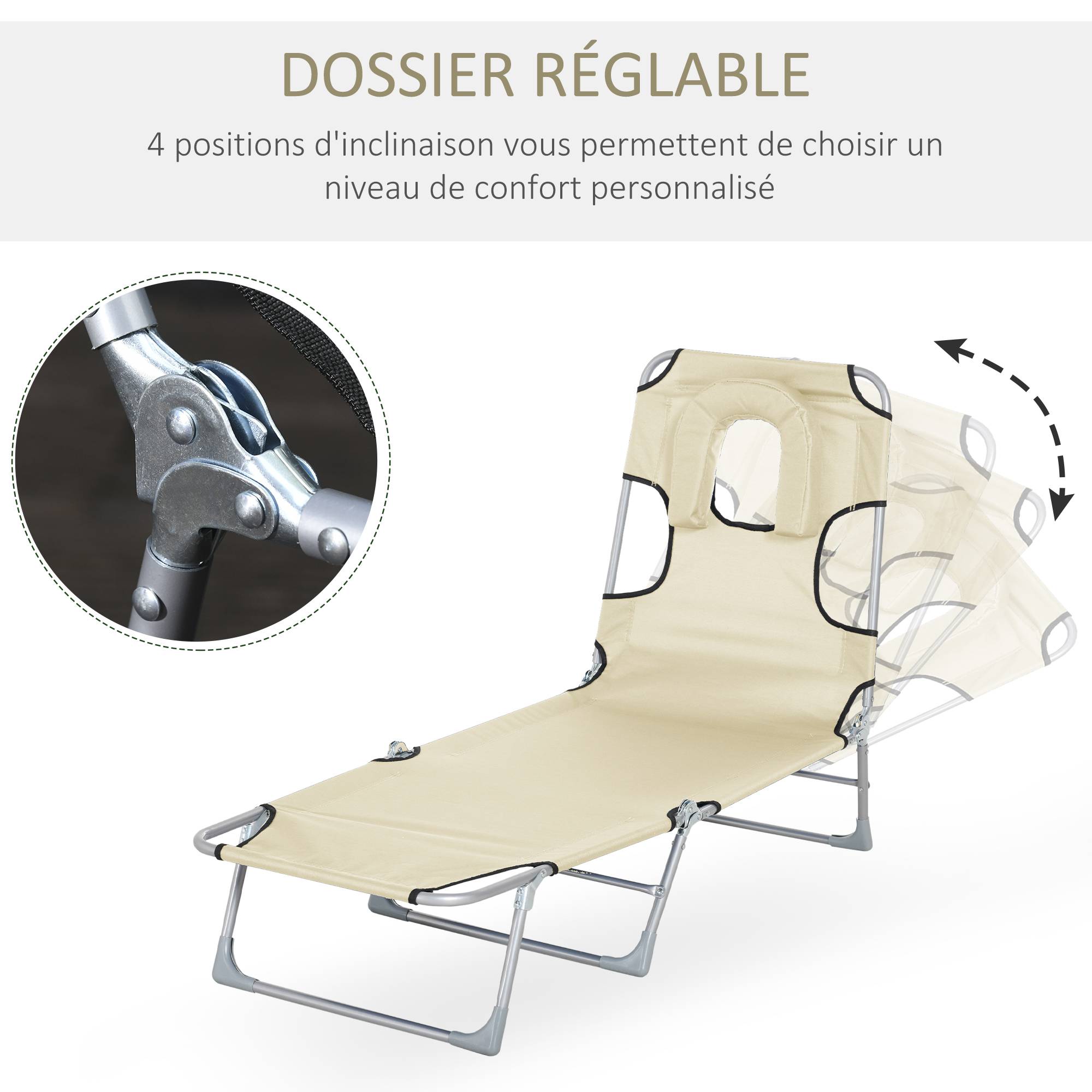 Outsunny - Bain de soleil pliable inclinable 4 positions - espace visage rembourré - acier oxford beige - Outsunny - Imagen 4