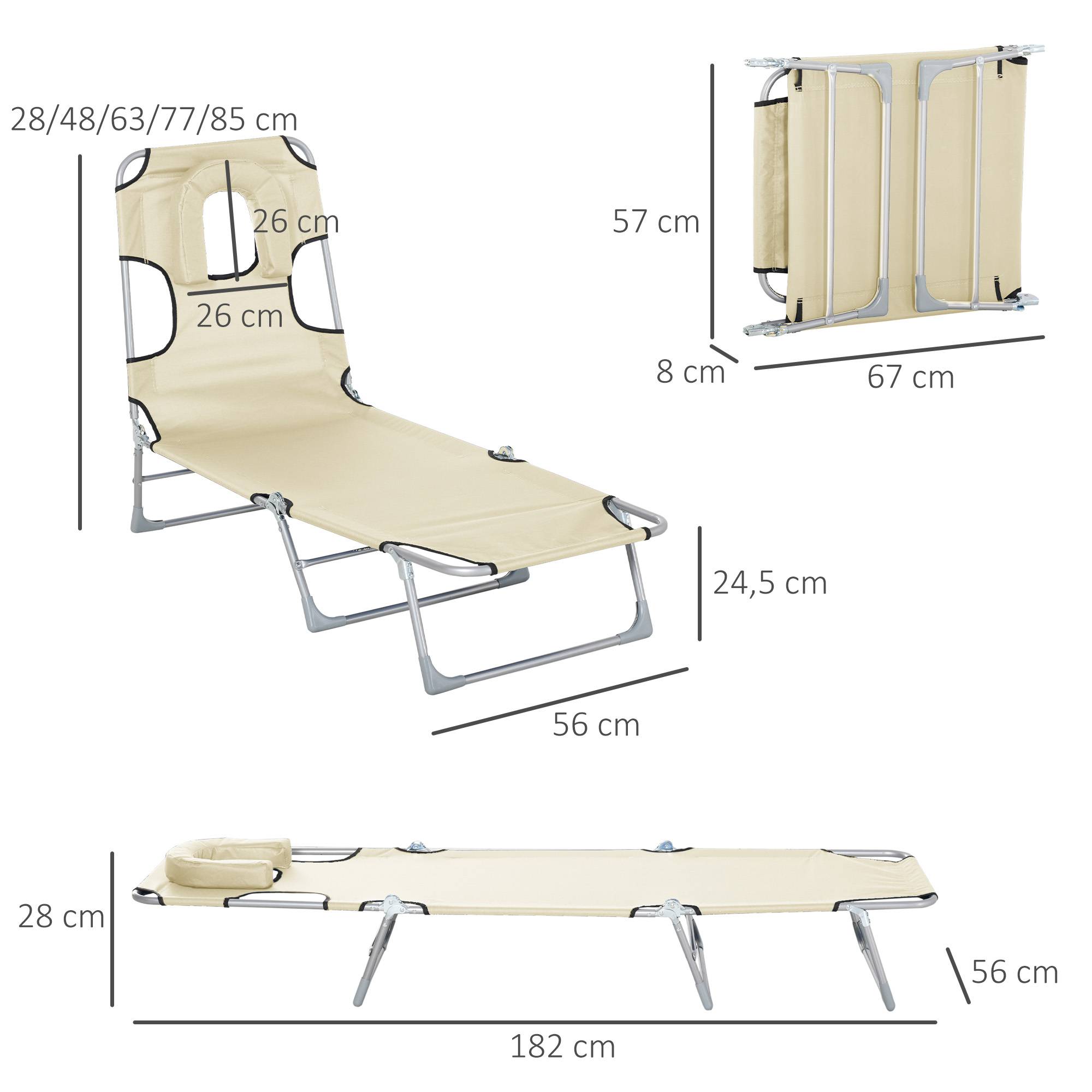 Outsunny - Bain de soleil pliable inclinable 4 positions - espace visage rembourré - acier oxford beige - Outsunny - Imagen 3