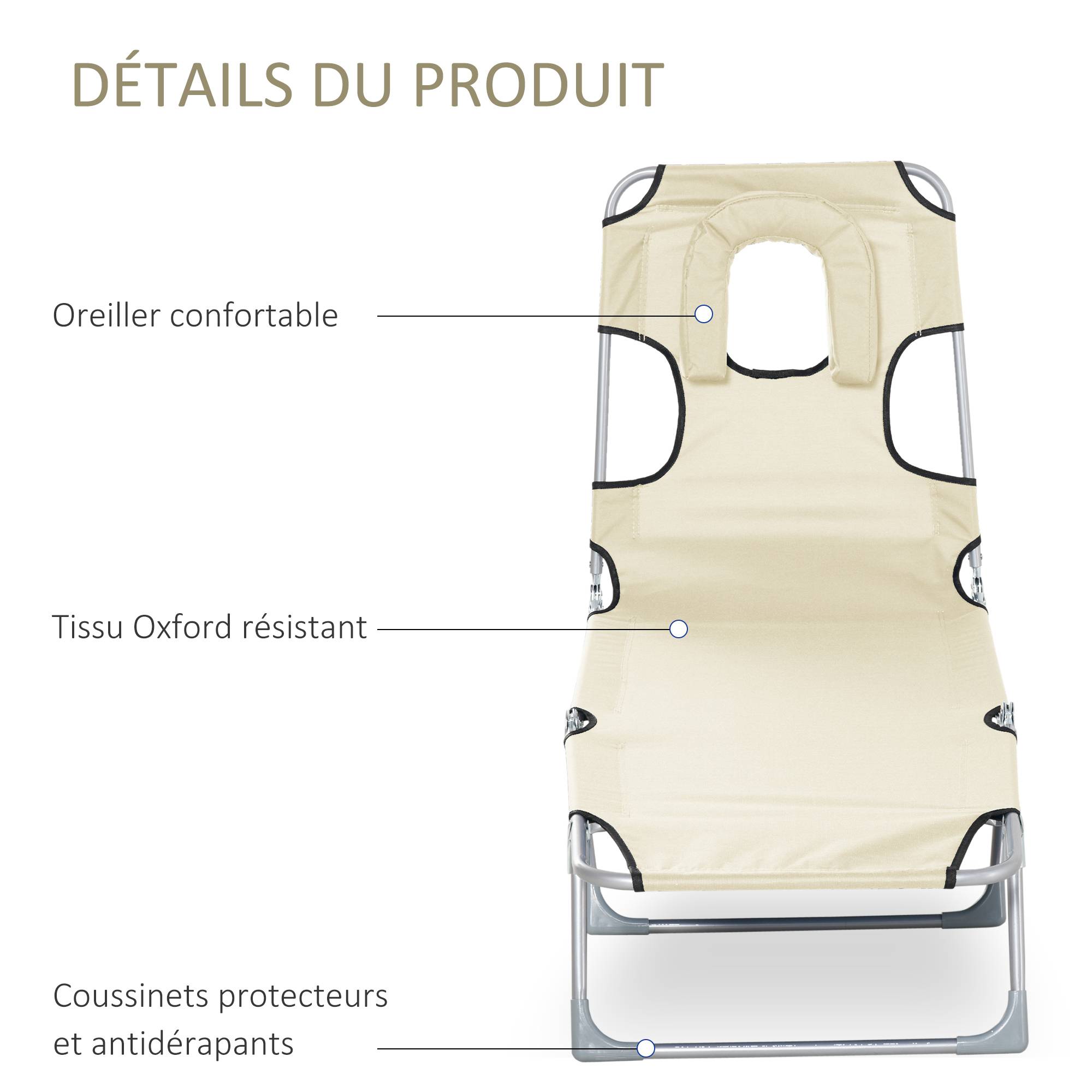 Outsunny - Bain de soleil pliable inclinable 4 positions - espace visage rembourré - acier oxford beige - Outsunny - Imagen 5