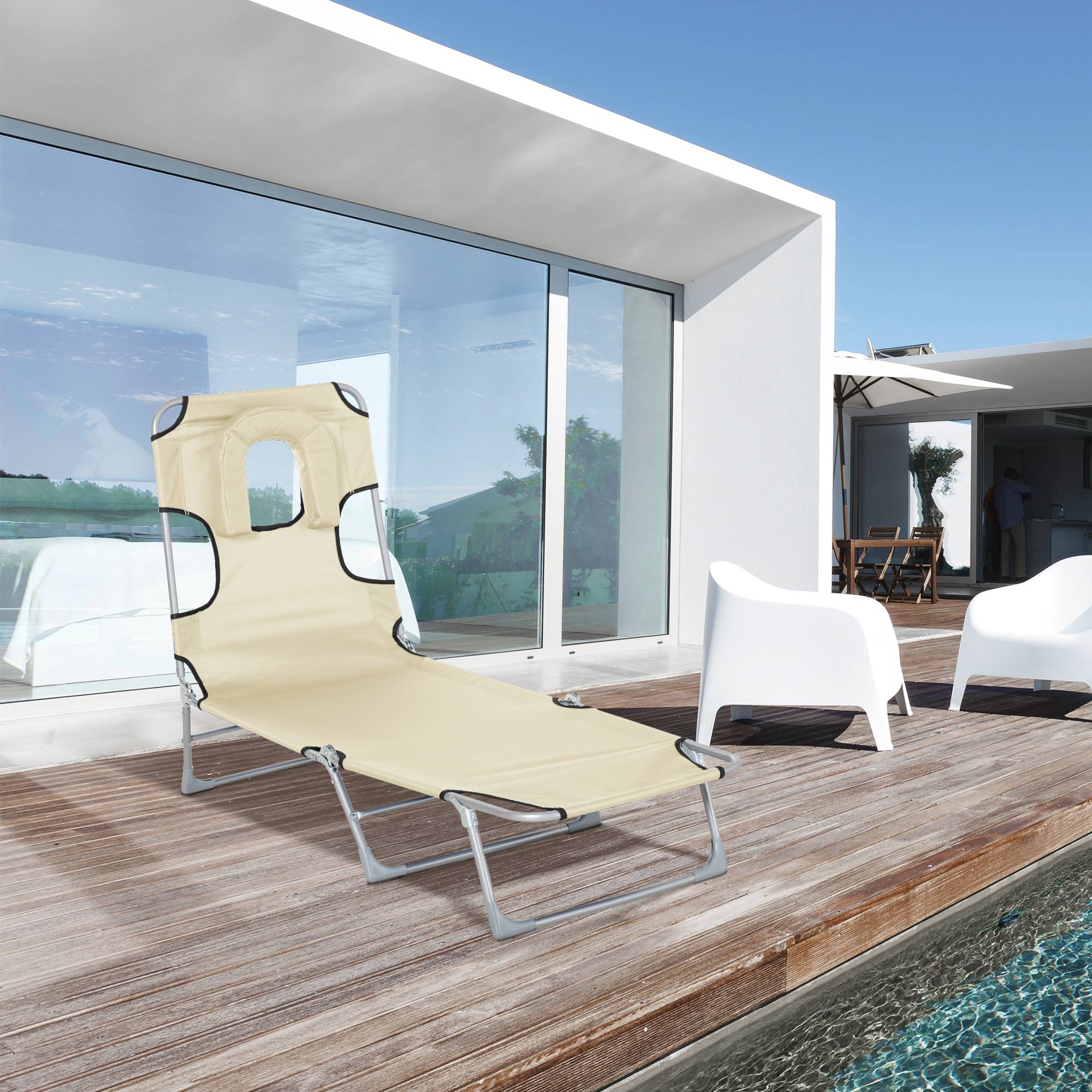Outsunny - Bain de soleil pliable inclinable 4 positions - espace visage rembourré - acier oxford beige - Outsunny - Imagen 2