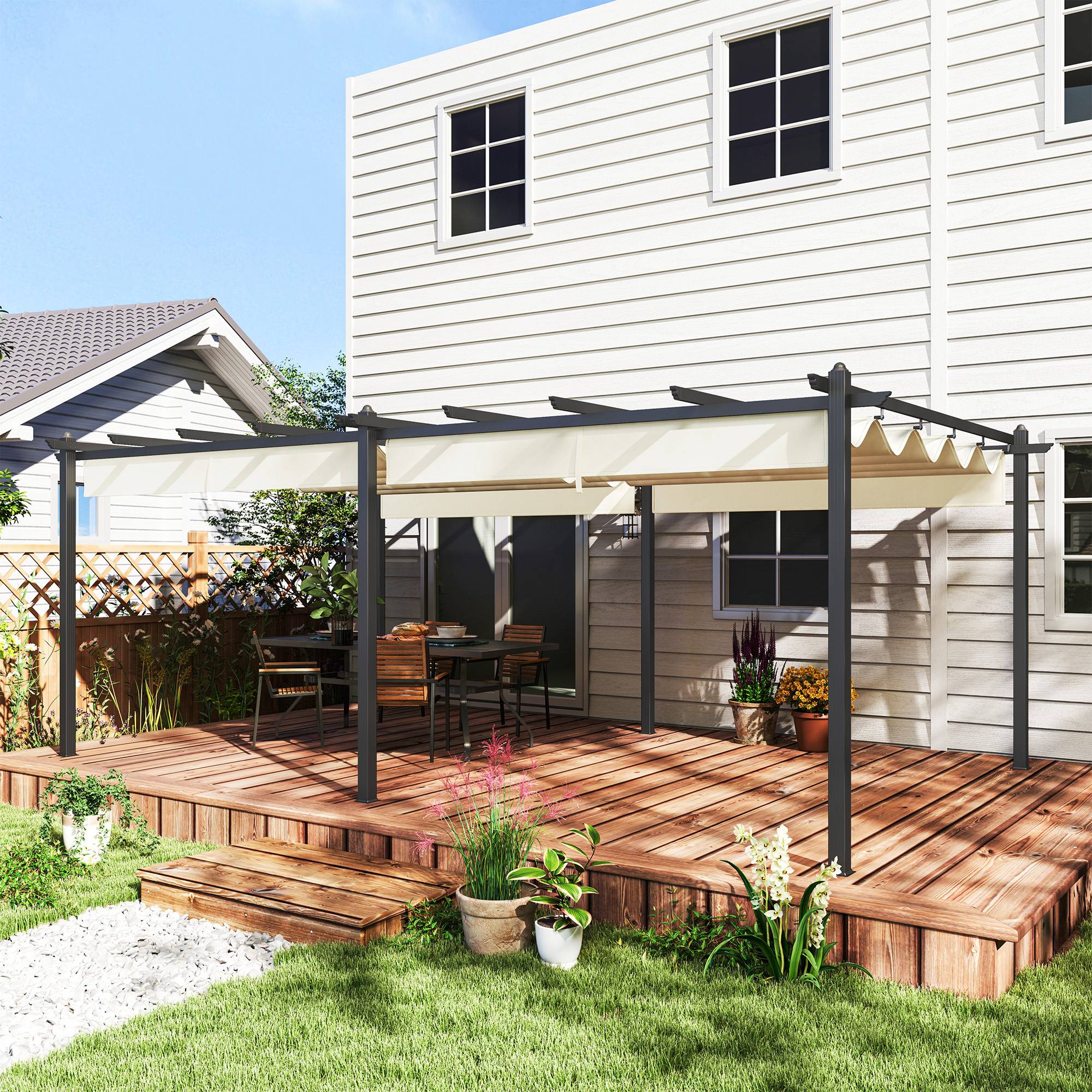Pergola rétractable aluminium pour terrasse toit ajustable anti-UV beige 3,5x6m - ComfortXL Outdoor Living - Image 3