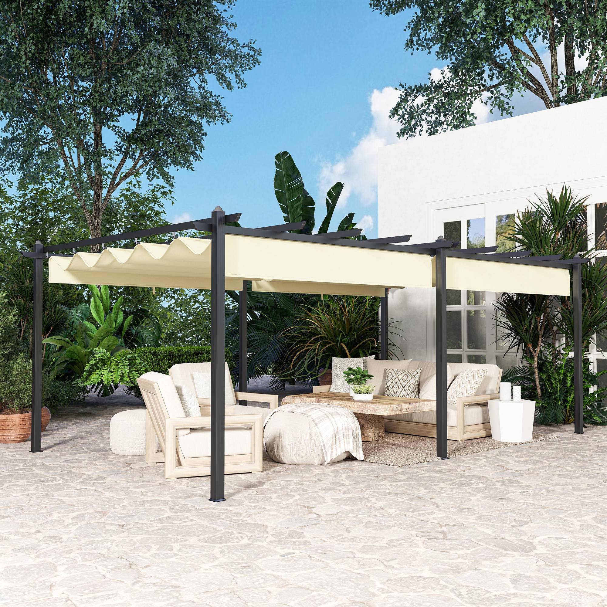 Pergola rétractable aluminium pour terrasse toit ajustable anti-UV beige 3,5x6m - ComfortXL Outdoor Living - Image 10