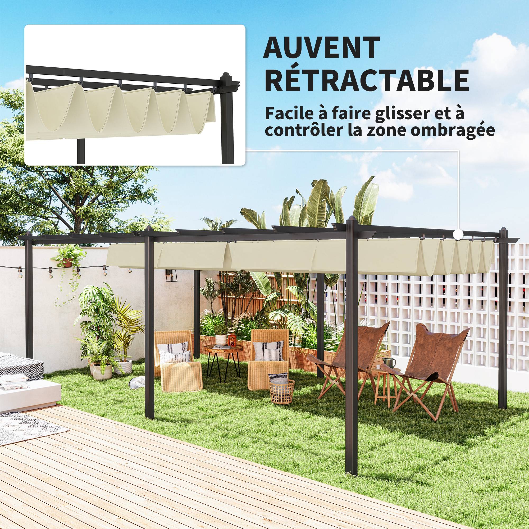 Pergola rétractable aluminium pour terrasse toit ajustable anti-UV beige 3,5x6m - ComfortXL Outdoor Living - Image 6