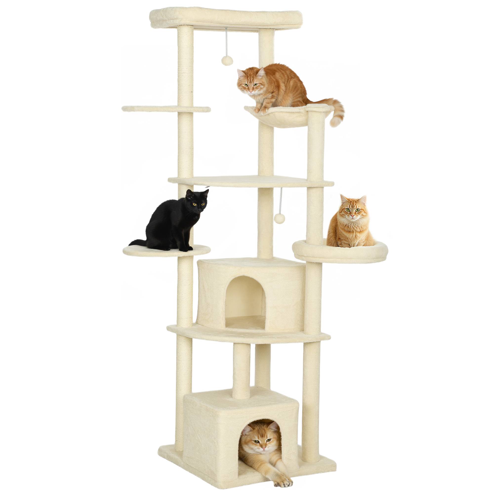 Arbre à chat bois peluche pour multi-chats tour géante avec hamac 200cm beige - ComfortXL Outdoor Living - Image 1