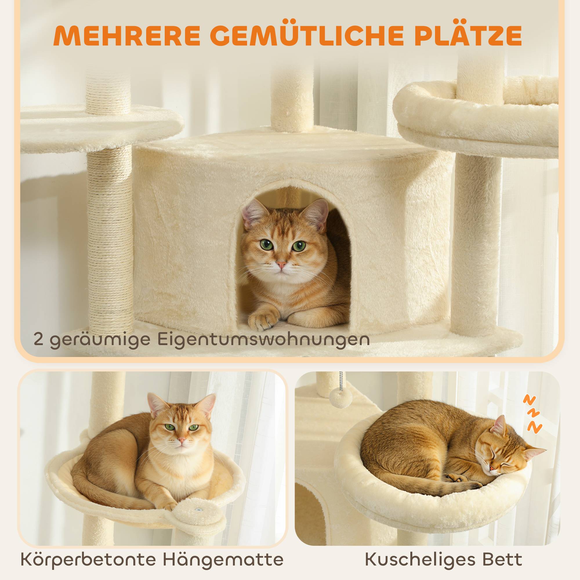 Arbre à chat bois peluche pour multi-chats tour géante avec hamac 200cm beige - ComfortXL Outdoor Living - Image 8