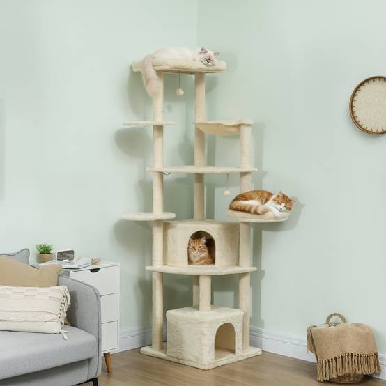 Arbre à chat bois peluche pour multi-chats tour géante avec hamac 200cm beige - ComfortXL Outdoor Living - Image 4