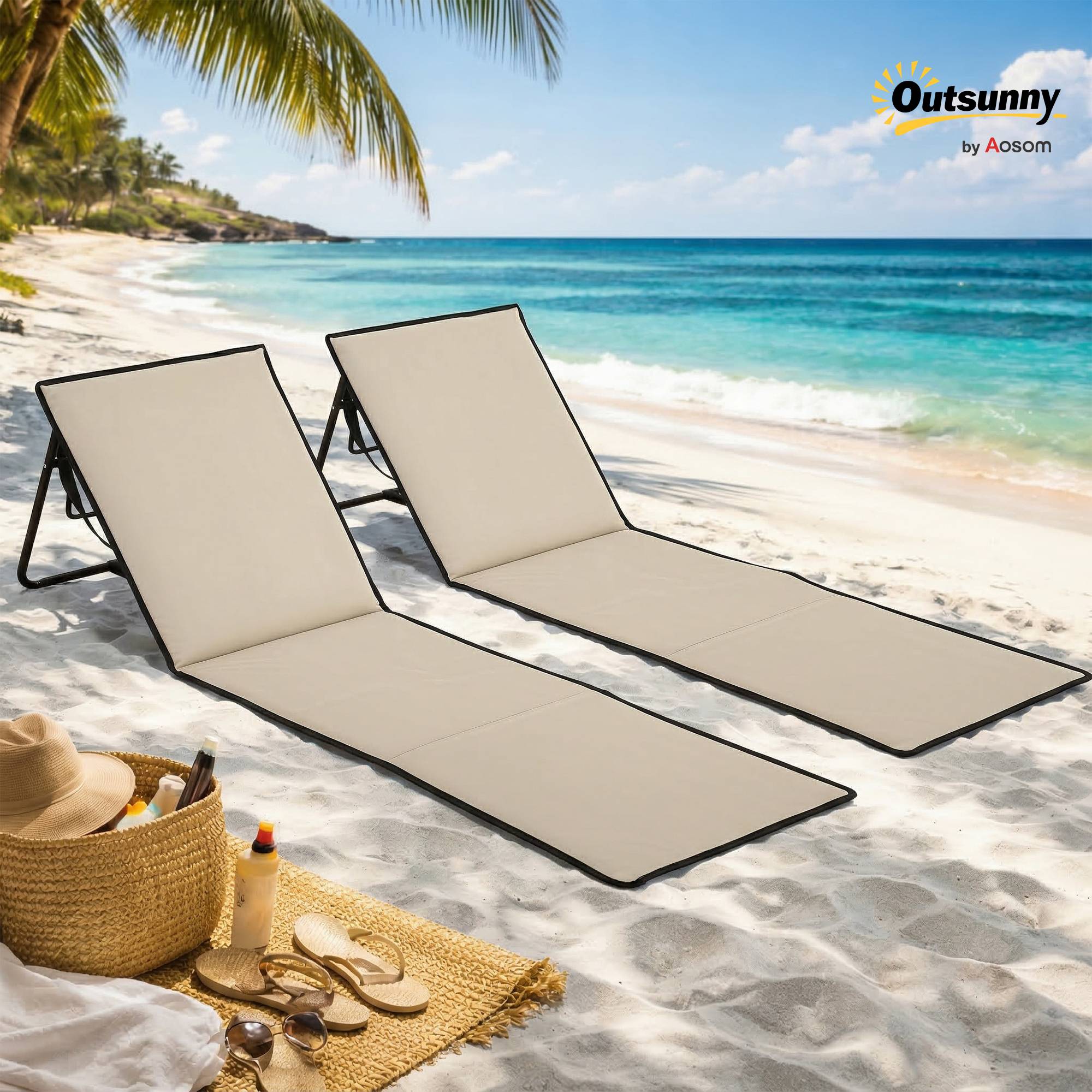 Lot de 2 tapis de plage avec dossier inclinable et sangle de transport pour jardin et camping, 142 x 51 x 40 cm, beige - Image 3