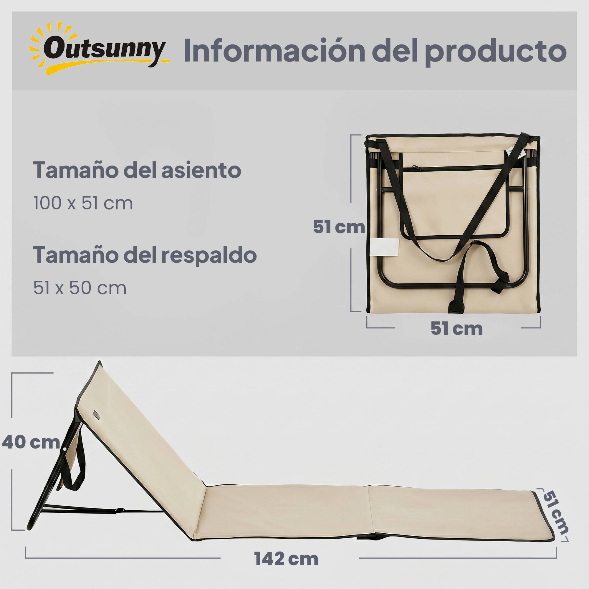 Lot de 2 tapis de plage avec dossier inclinable et sangle de transport pour jardin et camping, 142 x 51 x 40 cm, beige - Image 5