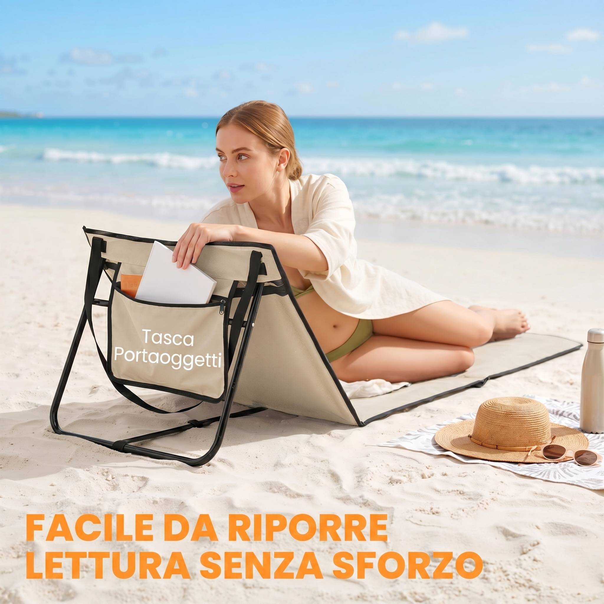 Lot de 2 tapis de plage avec dossier inclinable et sangle de transport pour jardin et camping, 142 x 51 x 40 cm, beige - Image 9