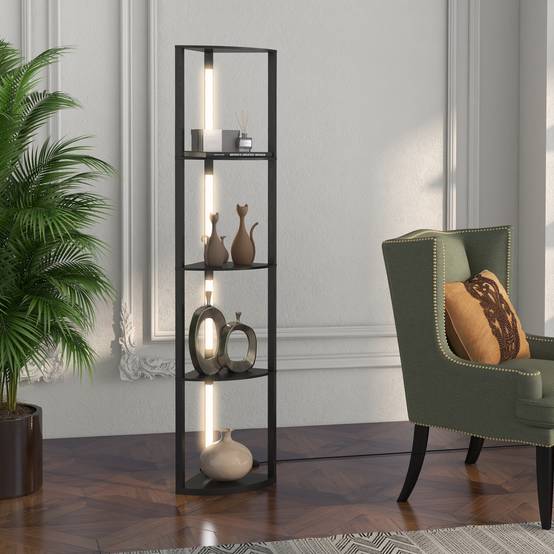 Lampadaire LED d'angle, étagère à intensité variable, 4 étagères, lumière blanc chaud, 41 x 30 x 164 cm, noir - Image 4