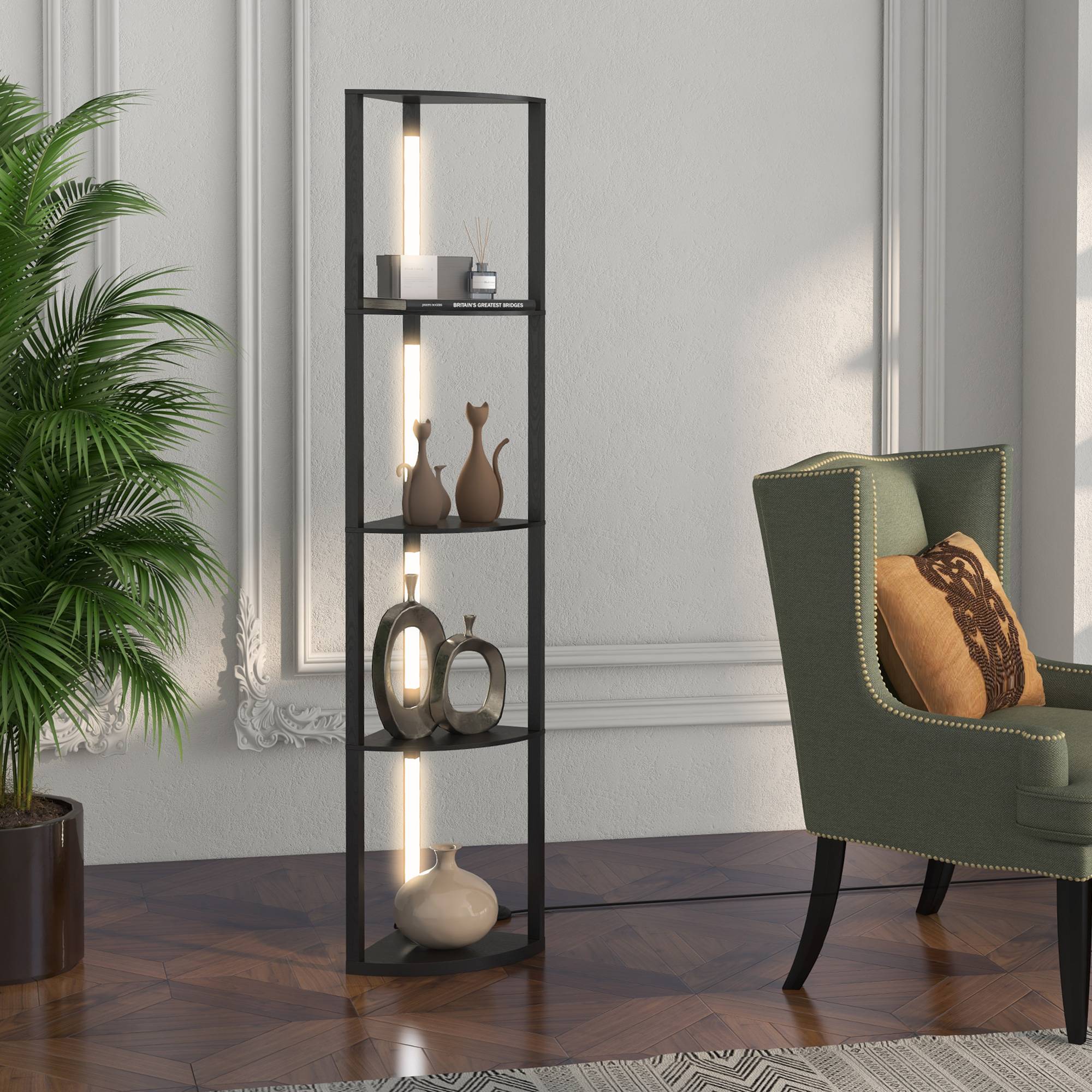 Lampadaire LED d'angle, étagère à intensité variable, 4 étagères, lumière blanc chaud, 41 x 30 x 164 cm, noir - Image 4