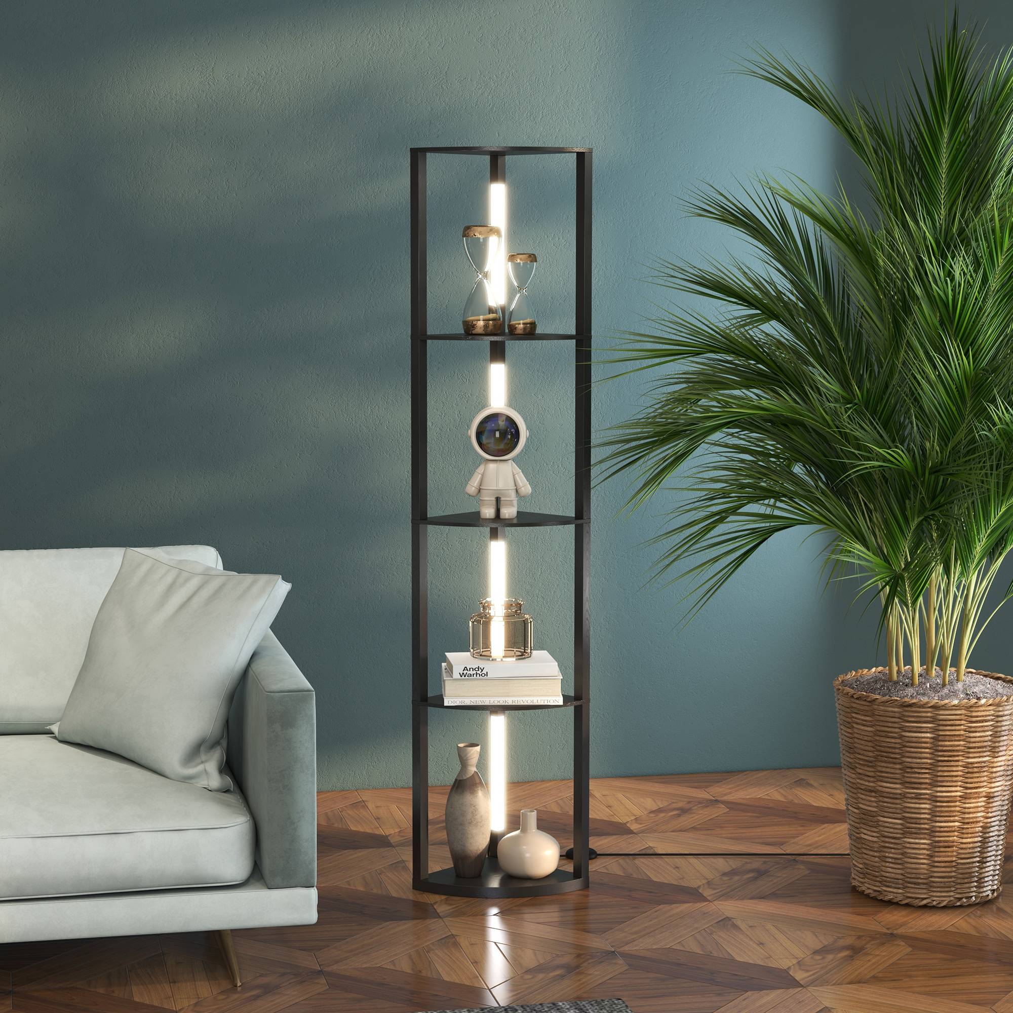 Lampadaire LED d'angle, étagère à intensité variable, 4 étagères, lumière blanc chaud, 41 x 30 x 164 cm, noir - Image 3