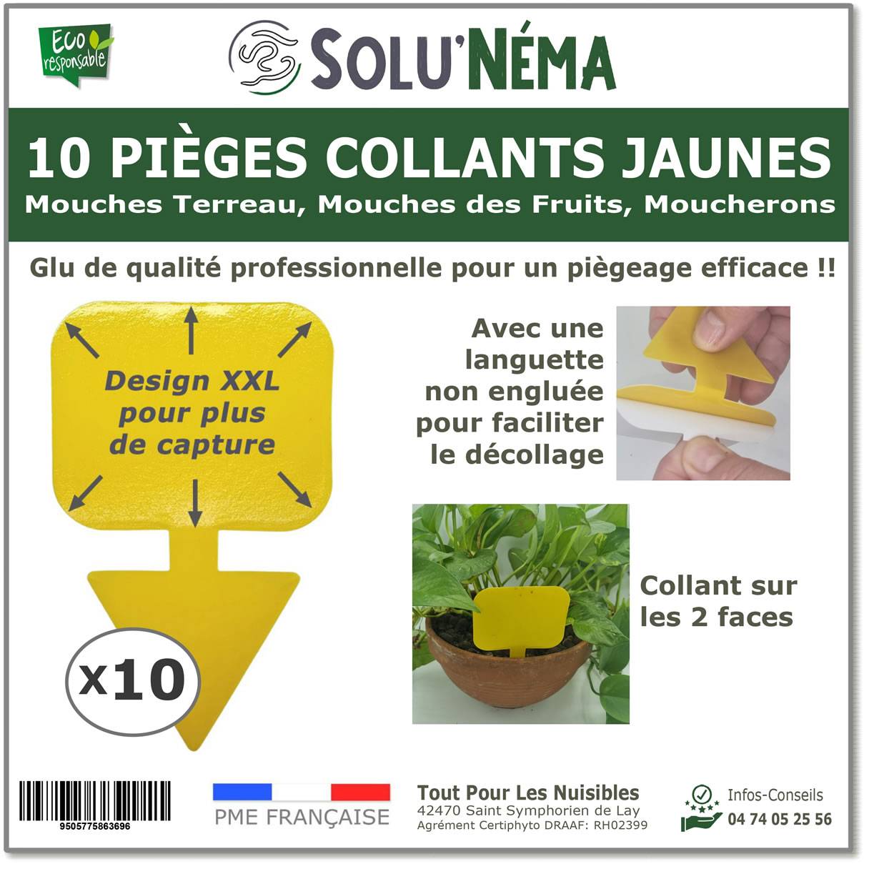Solu'Néma - 10 Pièges Collants Jaunes pour Mouches du Terreau, Mouches des Fruits, Moucherons, Design XXL - Image 1