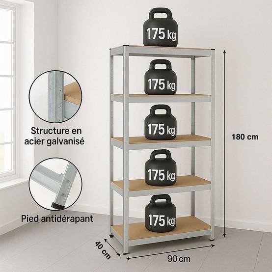 Etagère modulable en métal pour charges lourdes 40 cm Gris - Image 2