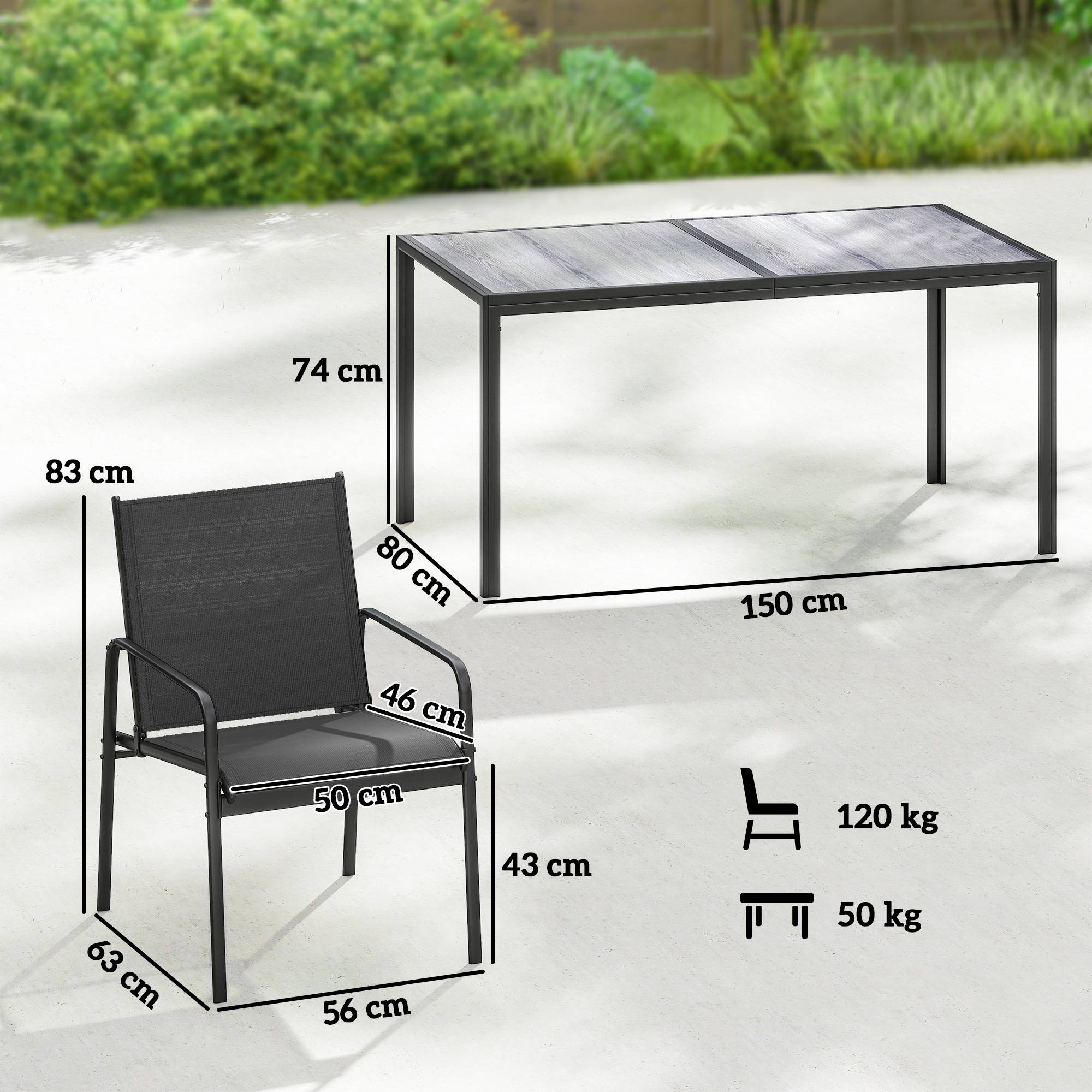 Salon de jardin acier et plastique noir 150 x 80 x 74 cm - PANGIVO - Image 5