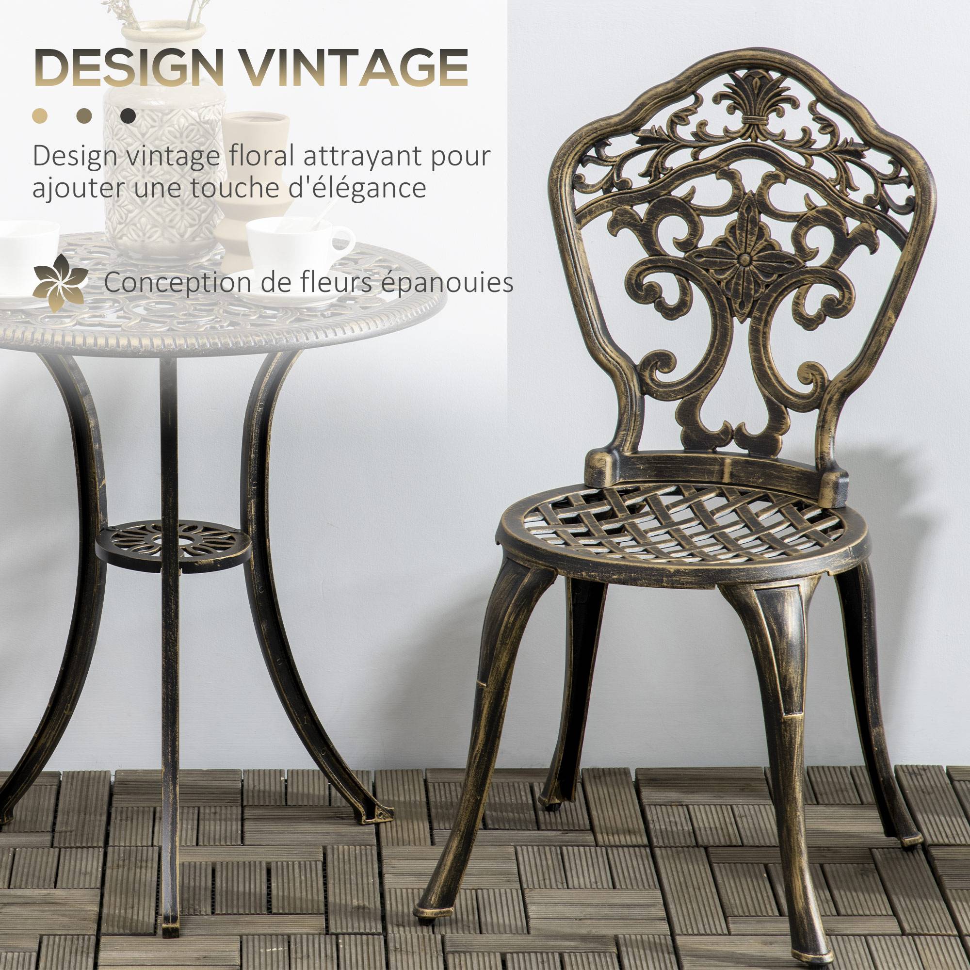 Ensemble bistrot pour jardin en aluminium salon de jardin 3 pièces 2 chaises + table ronde imitation fer forgé - Image 6