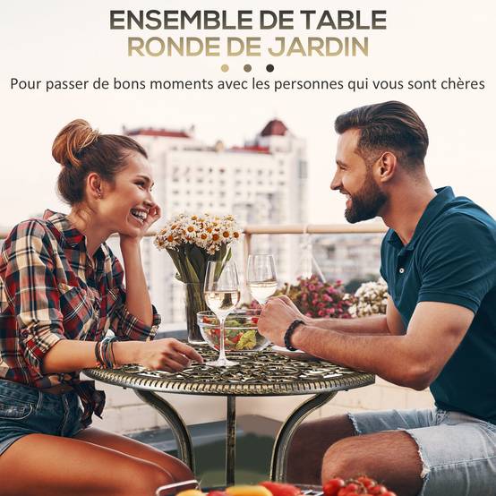 Ensemble bistrot pour jardin en aluminium salon de jardin 3 pièces 2 chaises + table ronde imitation fer forgé - Image 8