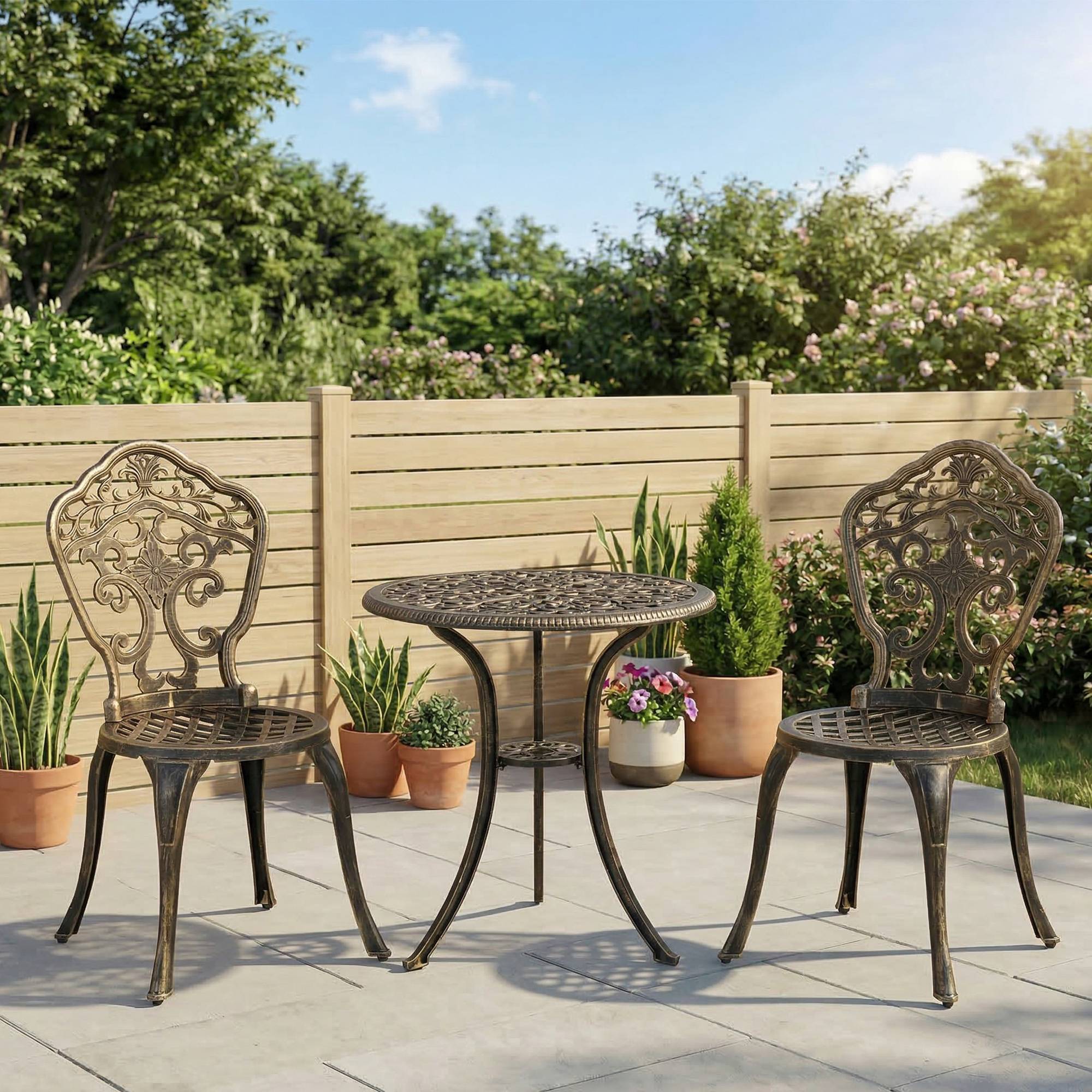 Ensemble bistrot pour jardin en aluminium salon de jardin 3 pièces 2 chaises + table ronde imitation fer forgé - Image 3