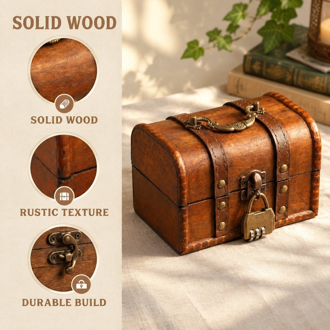 Coffre Trésor en Bois Vintage avec Serrure Combinaison pour Bijoux et Décoration - Image 4