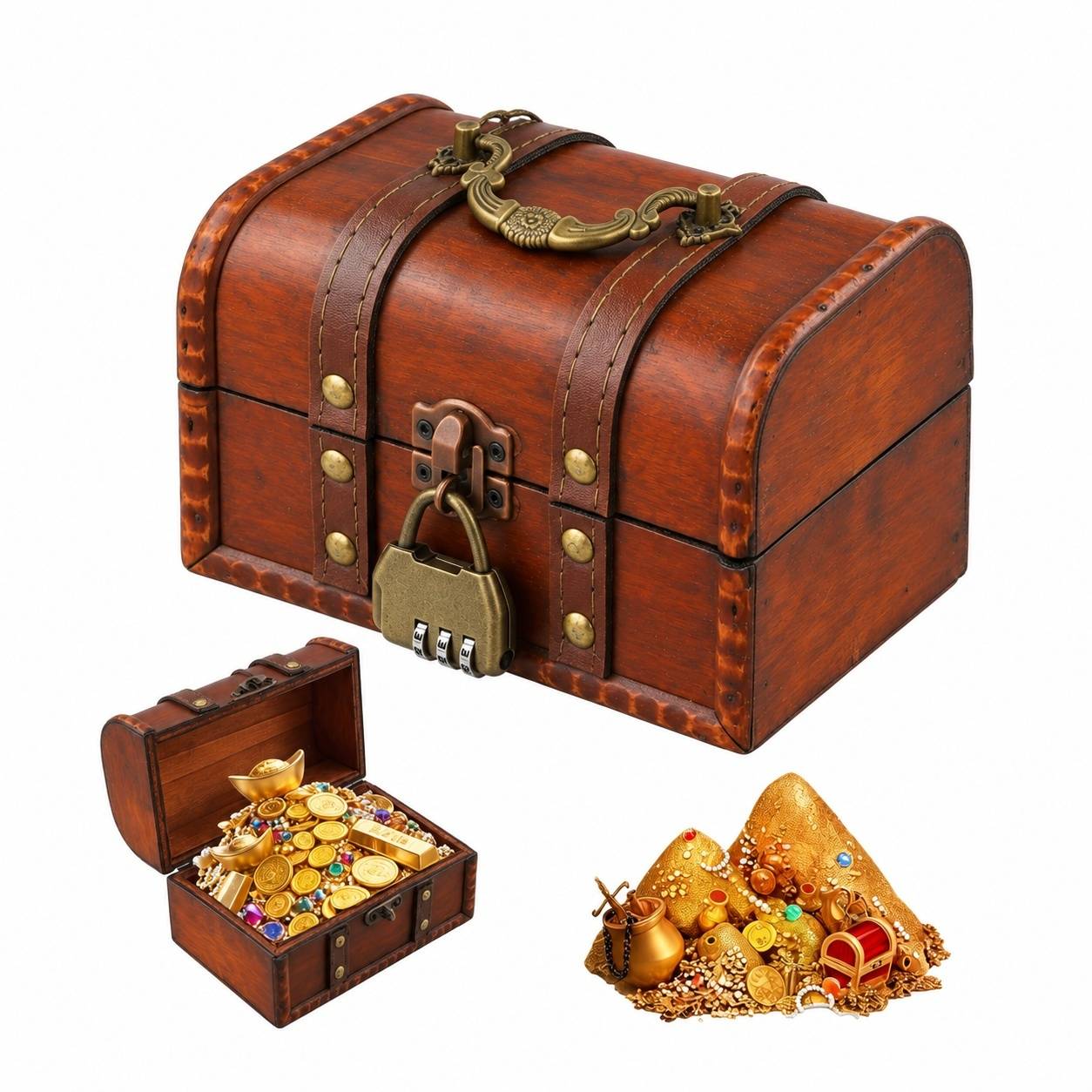 Coffre Trésor en Bois Vintage avec Serrure Combinaison pour Bijoux et Décoration - Image 1