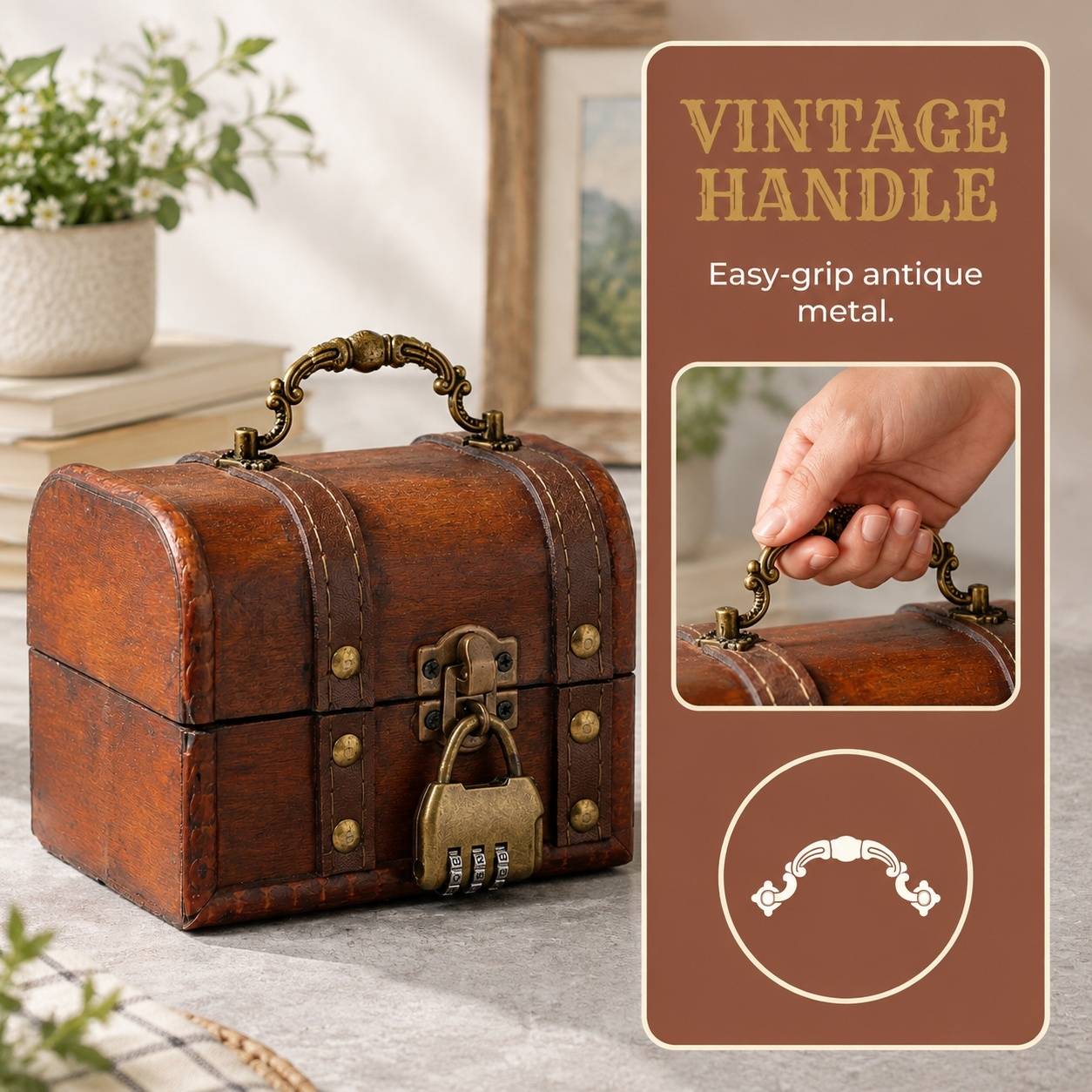 Coffre Trésor en Bois Vintage avec Serrure Combinaison pour Bijoux et Décoration - Image 5