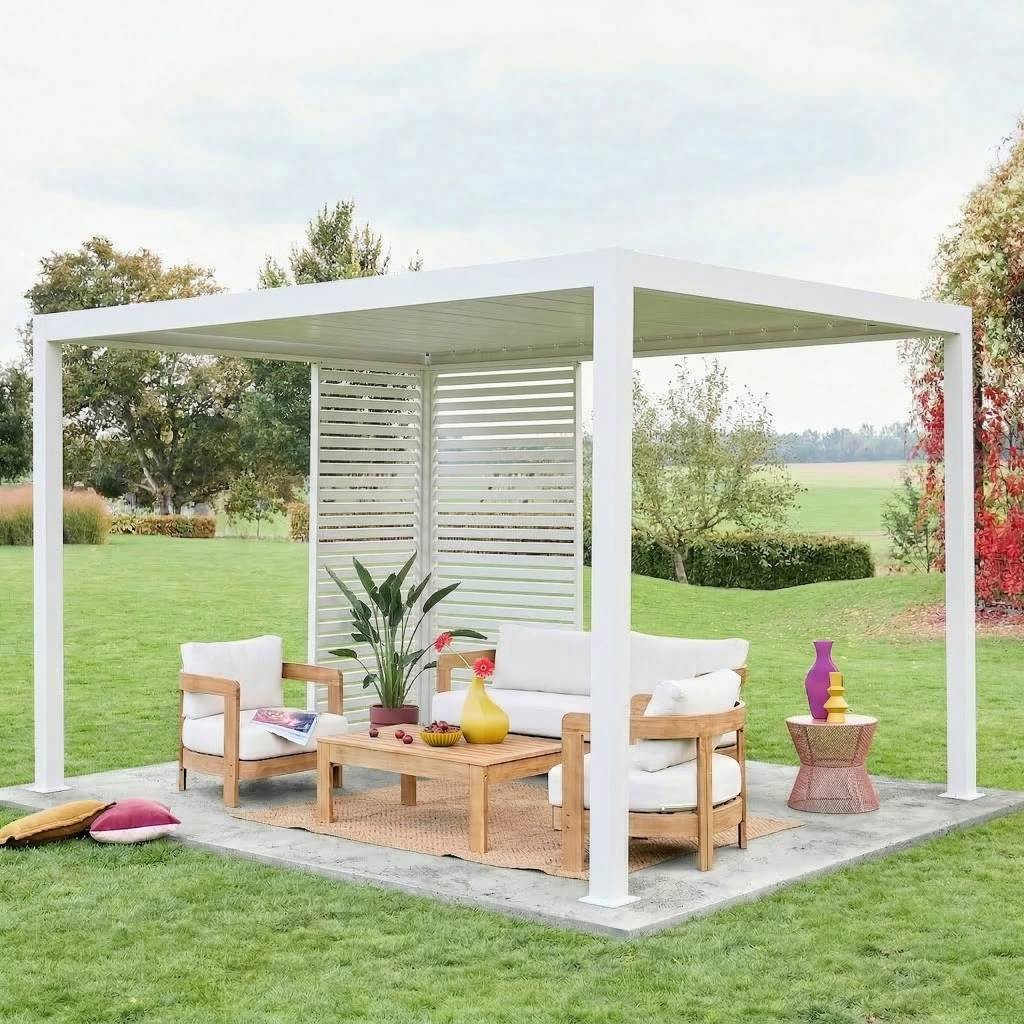 sweeek - Pergola bioclimatique aluminium 4x3m blanc + 1 persienne 100cm + 1 persienne 130cm Triomphe | sweeek - Image 1