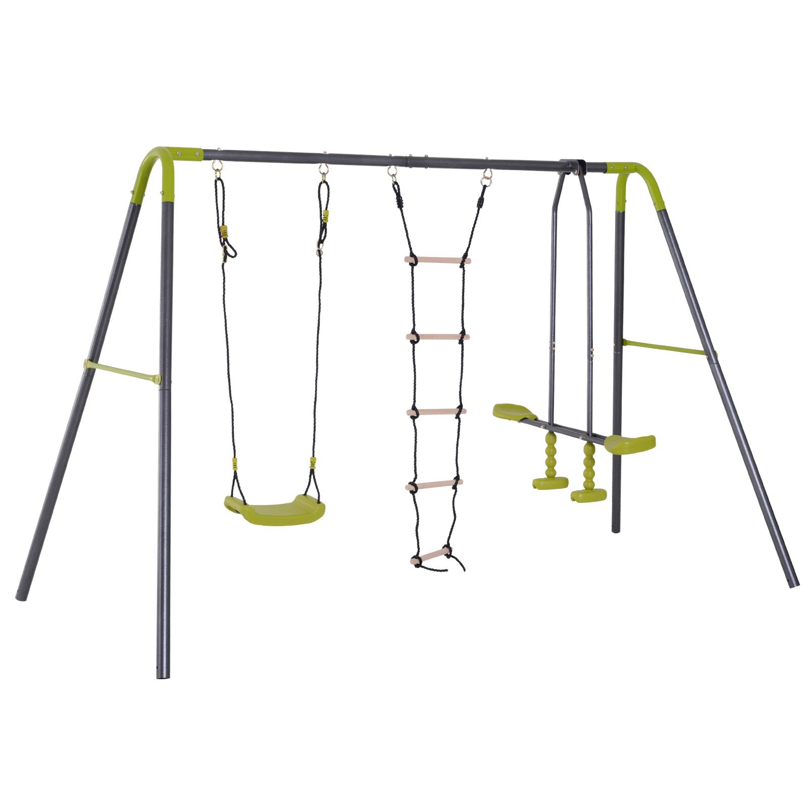 Homcom - Balançoire 3 agrès portique avec balançoire, échelle et face à face métal époxy anticorrosion PE gris anthracite vert pomme - HOMCOM - Imagen 1