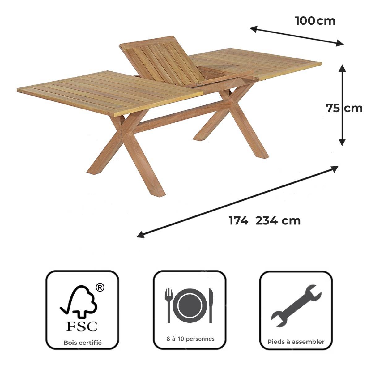 Table extensible rectangulaire teck massif Linarte 174/234 x100 cm - TECK'Attitude - Imagen 9